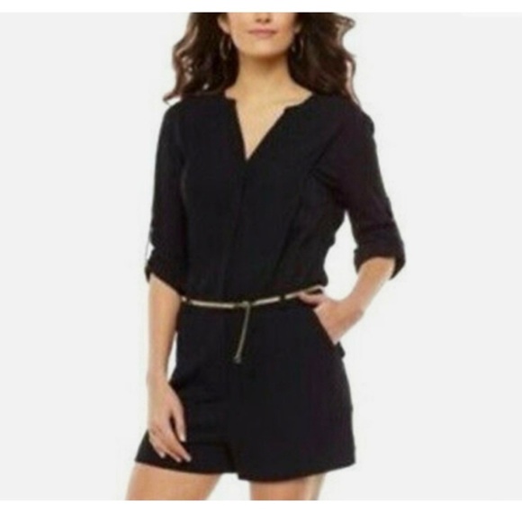 Jennifer Lopez Womens Black Jumpsuit‎ Romper VNeck Dress Short 2 Chiffon Pleated - Picture 3 of 17